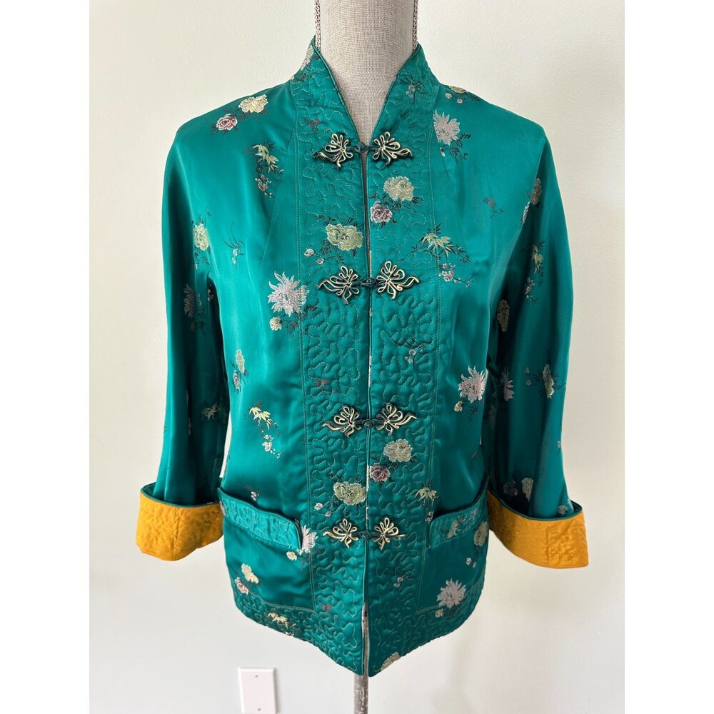 Vintage Chinese Brocade Tang Jacket Teal Blue Jade Gold Reversible Top Size M